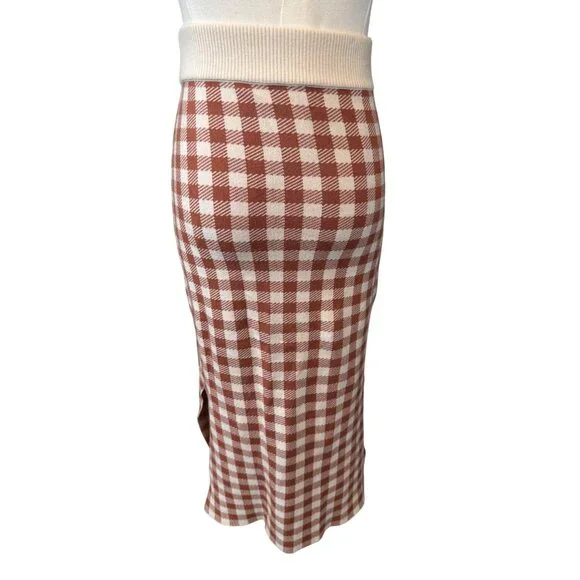 2/$30 Madewell XS Midi Skirt Red Brown & White Gingham Check Elastic Waist Knit - Picture 13 of 14